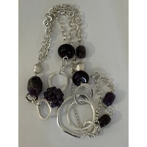 Vintage Etienne Aigner Statement Necklace Genuine Amethyst Silver Tone Long
